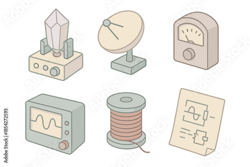 Resonant Energy Icons. Isometric vector illustration set Resonant Energy Workshop: crystal receiver core, antenna dish, voltage