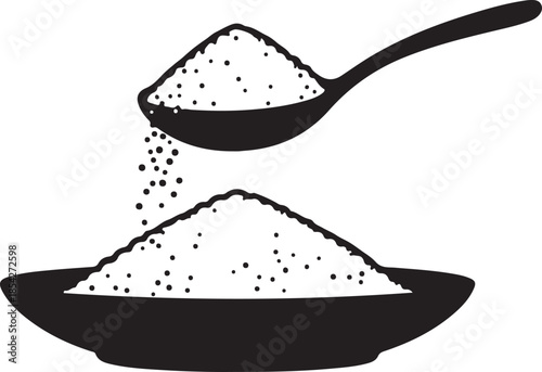 A granular substance is carefully poured from a spoon into a shallow bowl, forming a distinct pile. black and white vector illustration.