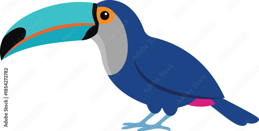 Obraz premium Colorful cartoon toucan illustration, a vibrant tropical bird with a large blue beak, orange eye, and blue body, standing isolated