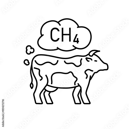 Cow cattle fart ch4 icon, animal methane excretion line style for global ecology problem illustration