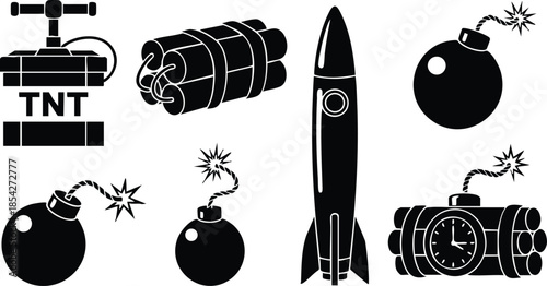 Flat icon set of explosive silhouettes including rocket dynamite stick spherical bomb timed charge plunger detonator arranged in high contrast black on white bold minimal grid