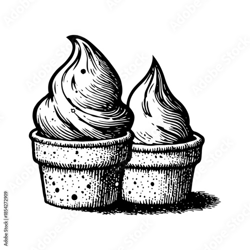 Two soft serve ice cream cones illustrated in detailed vintage engraving style on white background, concept of dessert and summer treat