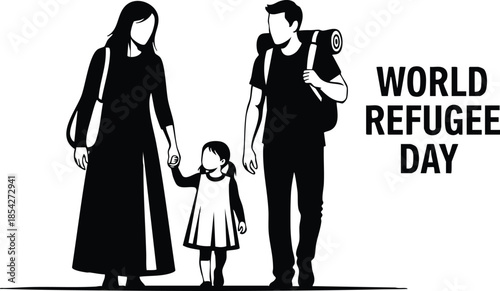 Minimalist silhouette flat design family holding hands father mother and daughter walking with backpacks beside world refugee day text high contrast black and white composition