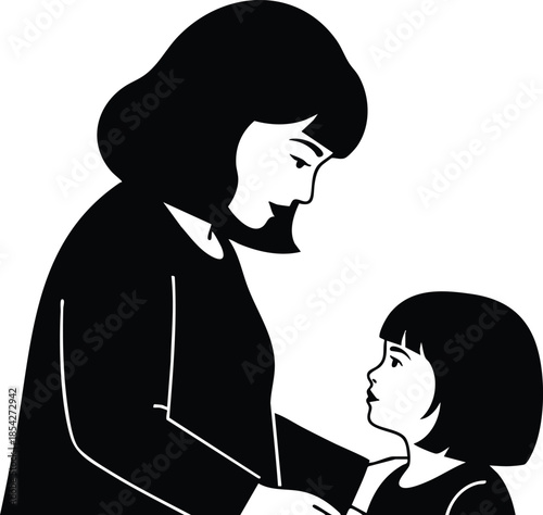Silhouette vector close up of mother and child holding hands and looking at each other in a minimal black and white composition with high contrast affectionate