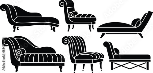 Silhouette vector set six vintage chaise loungers and daybeds in profile and front views with tufted upholstery rolled arm carved legs and classic parlor style collection