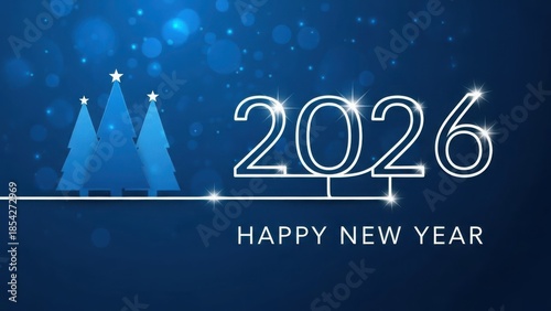 Happy new year 2026 celebration with festive blue christmas trees and sparkling bokeh background