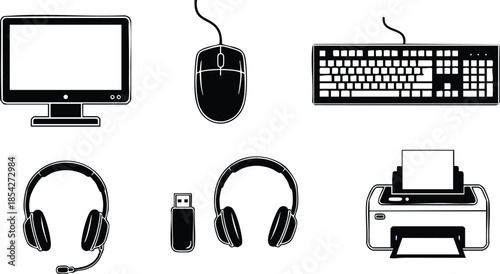 Flat design black and white computer peripheral icon top view monitor mouse keyboard headset usb flash drive and printer simple modern icons isolated on white background