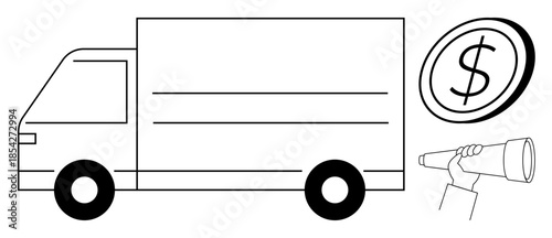 Logistics, financial planning, transportation services, delivery business, future vision, economy. A truck, dollar sign and a hand with a telescope. Logistics and financial planning concepts