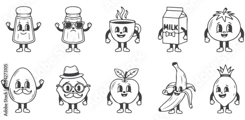 Cute food characters, cartoon fruits and drinks, smiling anthropomorphic icons, illustration of happy food mascots silhouette
