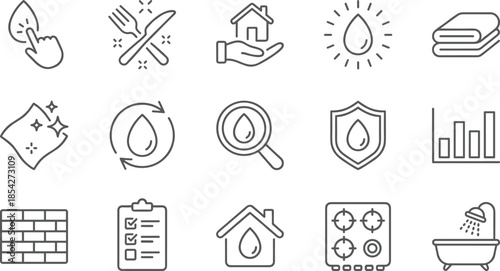 Household services and utilities line icons set, plumbing, cleaning, water supply, home maintenance, real estate, renovation vector symbols.