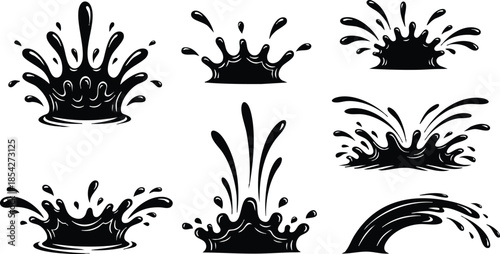 Vector ink splash set black silhouette splatters with varied organic shapes isolated on white background high contrast bold grunge style flat graphic elements different sizes