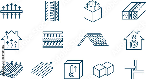 Insulation line icons, thermal protection, heat resistance, construction layers, roofing material, energy efficiency, and waterproof vector symbols.