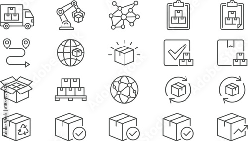 Logistics and shipping line icons set, supply chain management, robotic automation, package tracking, global distribution vector signs