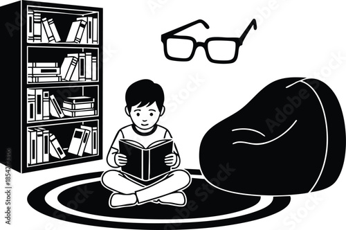 Line art close up child sitting cross legged looking down reading open book on round rug beside tall bookshelf and beanbag with floating glasses calm monochrome