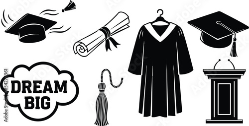 Flat design graduation icon set close up mortarboard flying diploma scroll academic gown podium speech bubble dream big text black silhouette tassel isolated vector illustration minimal