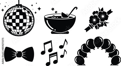 Flat icon set party celebration silhouettes disco ball punch bowl with ladle bouquet bow tie musical notes balloon arch isolated black vector art party decorations collection