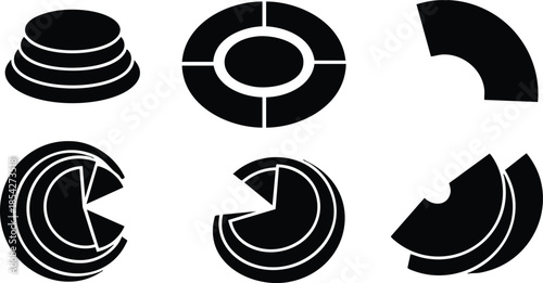 Flat icon set showing sliced pie chart and donut infographic glyphs top view black silhouettes for data visualization dashboard presentation and minimal design modern simple vector