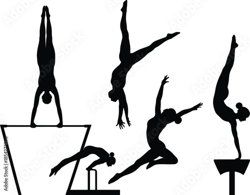 Female Gymnastics Silhouettes Performing Acrobatics, Balance, and Handstands on Apparatus, Black Vector Illustration Set for Sport, Fitness, and Athletic Design