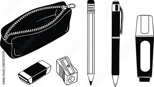 Line art pencil case stationery set top view open zipper pencil pen marker eraser sharpener isolated black and white vector illustration close up flat design minimalist