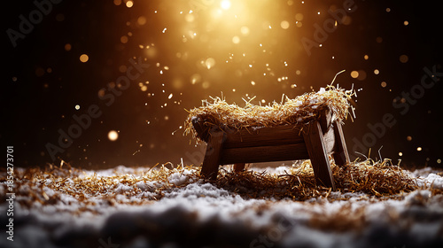  rustic wooden manger filled with soft white straw and golden hay,