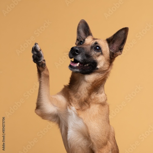 Playful belgian malinois dog raising paw against tan background