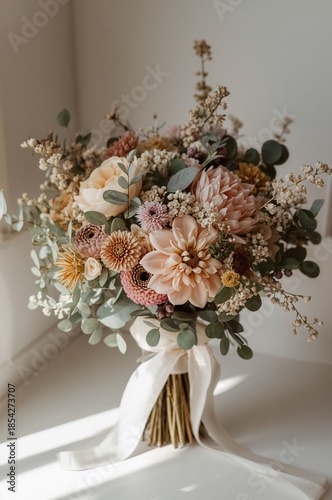 Rustic vintage wedding flowers composition with cream and pink blossoms.