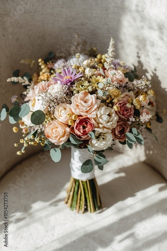 Elegant flower bunch for bride tied with ribbon with natural sun shadows on white wall.