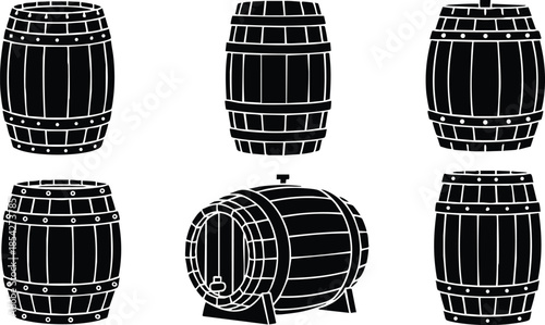 Line art front and three quarter view wooden barrel icons set six variations including standing lying and spigot barrel isolated on white background minimal flat silhouette