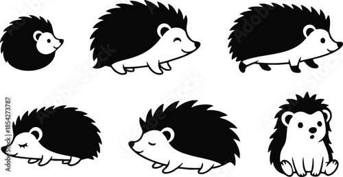 Line art minimalist side view hedgehog set showing multiple cute poses walking sitting curled facing right three quarter profile black and white vector icon sticker designs