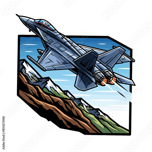 Powerful military jet aircraft performing a high-speed maneuver above majestic snow-capped mountain peaks, an emblem of aerial dominance and adventure