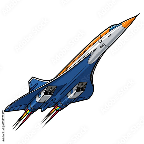 Sleek stylized supersonic passenger jet soaring through the sky with powerful engine thrust, illustrating advanced aerospace engineering and rapid air travel concept