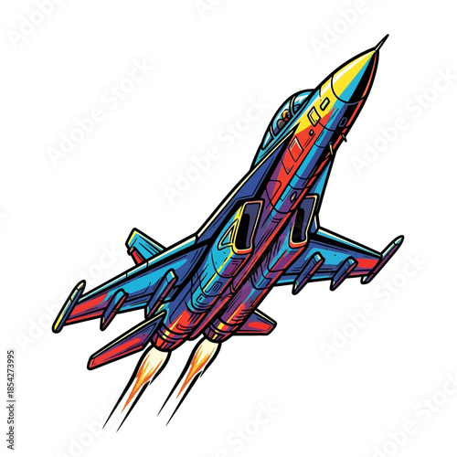 Dynamic and colorful illustration of a powerful fighter jet taking off, showcasing a modern military aircraft with vibrant exhaust trails, perfect for aviation themes and graphic designs