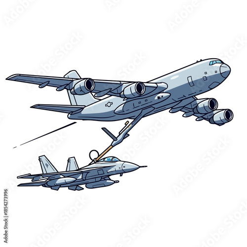Aerial refueling in mid-air between a military tanker aircraft and a fighter jet