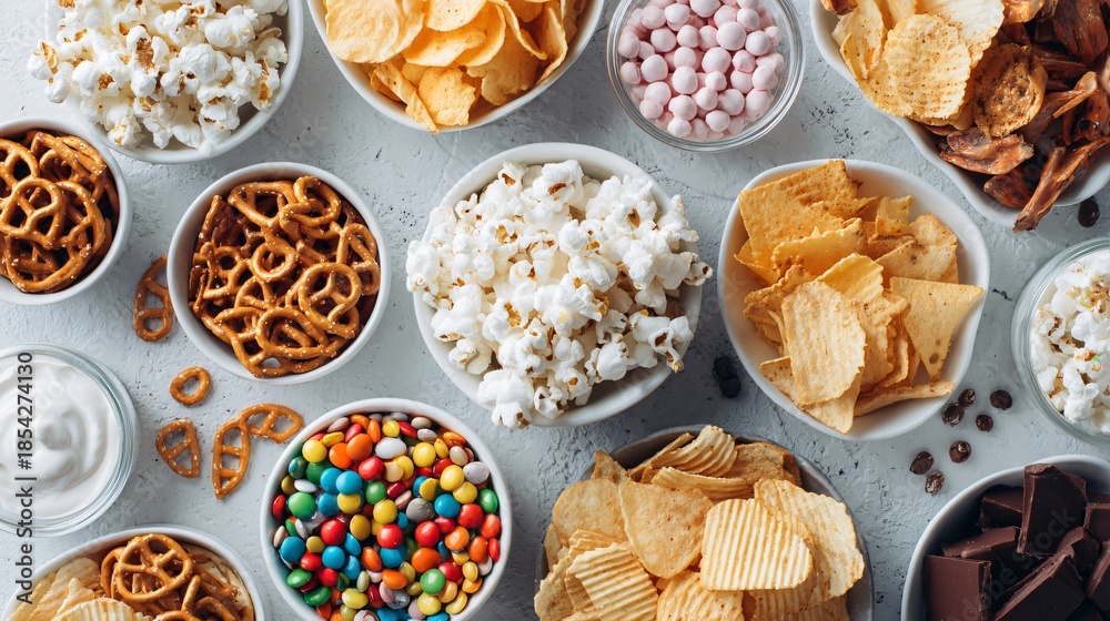 Fototapeta premium Flat lay of snack bowls with generous spacing, white table