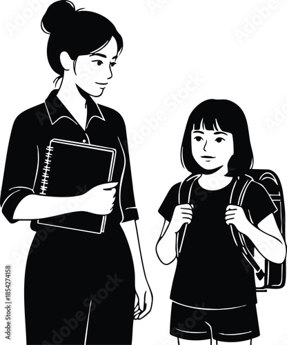 Line art close up mother looking at daughter with backpack holding lunch box standing at school entrance in monochrome flat vector caring calm gentle maternal mood