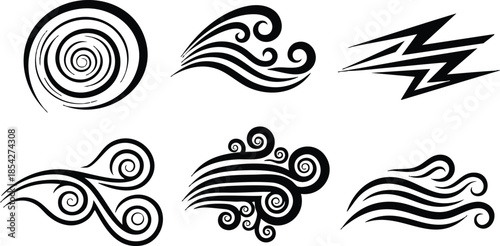 Line art decorative wind swirl icon set showing six black ornamental gust symbols in spiral and wave shapes isolated on white background with bold flat strokes