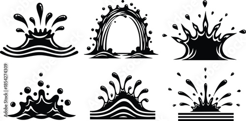 Flat design close up six black splash icons set showing varied ink and water droplet shapes isolated on white background minimalist vector silhouette collection graphic elements