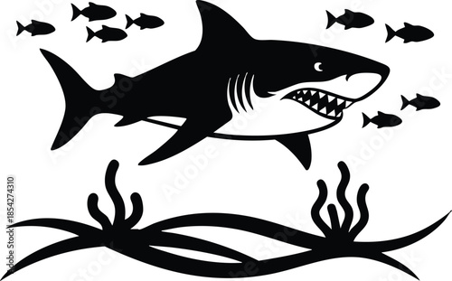 Silhouette flat design low angle side view shark with open mouth showing jagged teeth and small fish above seaweed on seabed bold black vector illustration icon