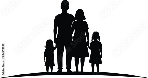 Silhouette vector flat design low angle family of four holding hands on horizon standing together parent and children backlit black profiles minimal composition isolated portrait concept