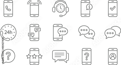 Mobile customer service icons, phone support, chat message, help desk, feedback rating, and technical assistance vector symbols.