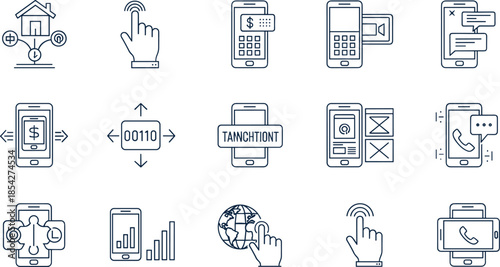 Mobile technology and payment line icons set, vector symbols for communication, finance, smart home, interface, and touch interaction. (18 words)