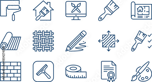 Painting and renovation line icons set, home improvement tools, interior design plan, construction vector symbols for builder interface