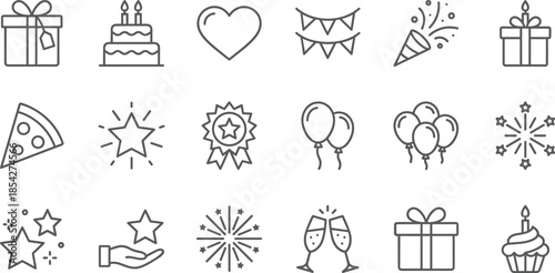 Party and celebration line icons set, birthday gifts, fireworks, balloons, food, champagne toast, vector event symbols