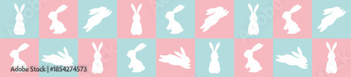 Easter bunny silhouettes pattern on pink and blue checkerboard background, spring rabbit vector banner