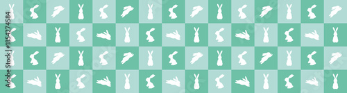 Easter bunny silhouettes pattern on pink and blue checkerboard background, spring rabbit vector banner