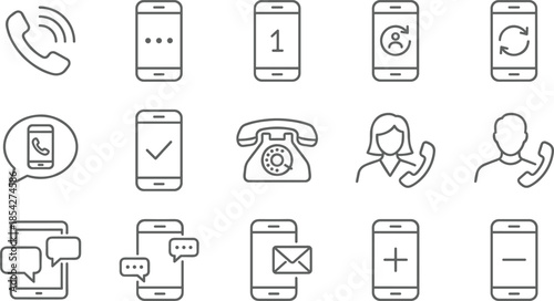 Phone line icons, mobile communication, call support, chat message, vintage telephone, contact agent, and user interface vector set.