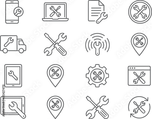 Repair Service, Technical Support, and Maintenance Line Icons Set, Featuring Tools, Devices, Location Pin, Service Truck, and Update Symbols, Simple Vector Outline.
