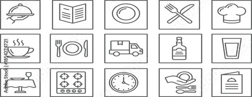 Restaurant and food service line icons set, dining symbols, chef hat, menu card, delivery truck, kitchen equipment, vector interface