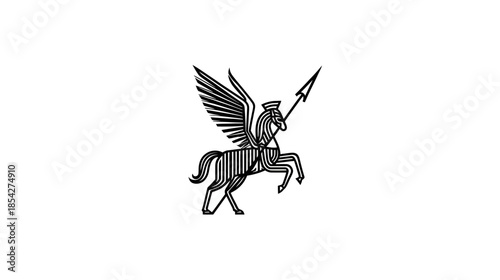 Mythical winged horse illustration with spear, strong fantasy creature graphic design element, equestrian power symbol, ancient legend art.