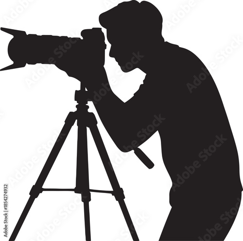 Silhouette Of Photographer Using Professional Camera On Tripod photography